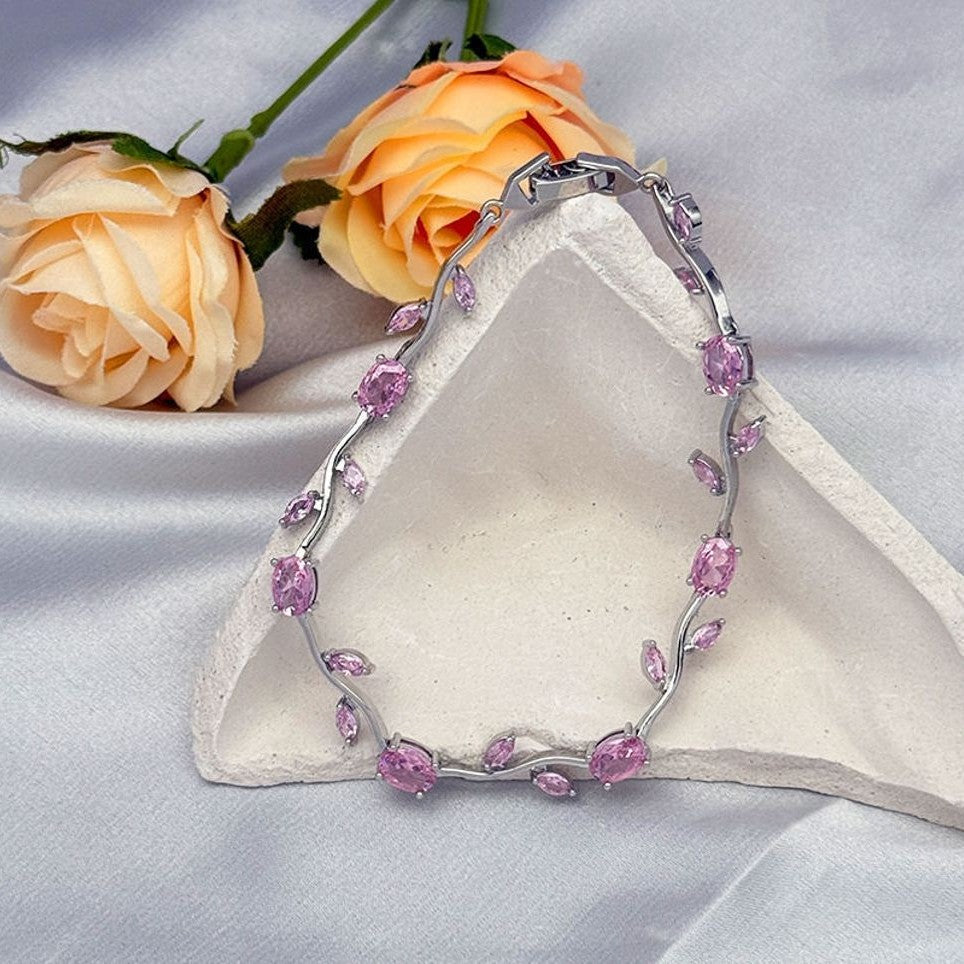 Tulip Crystal Vine Bracelet - (Silver-Pink)