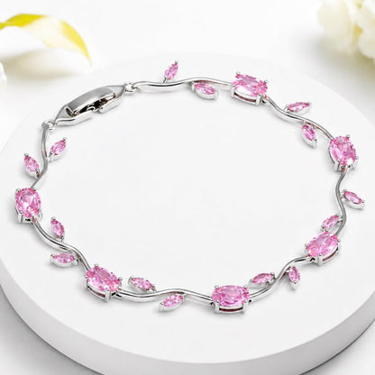 Tulip Crystal Vine Bracelet - (Silver-Pink)