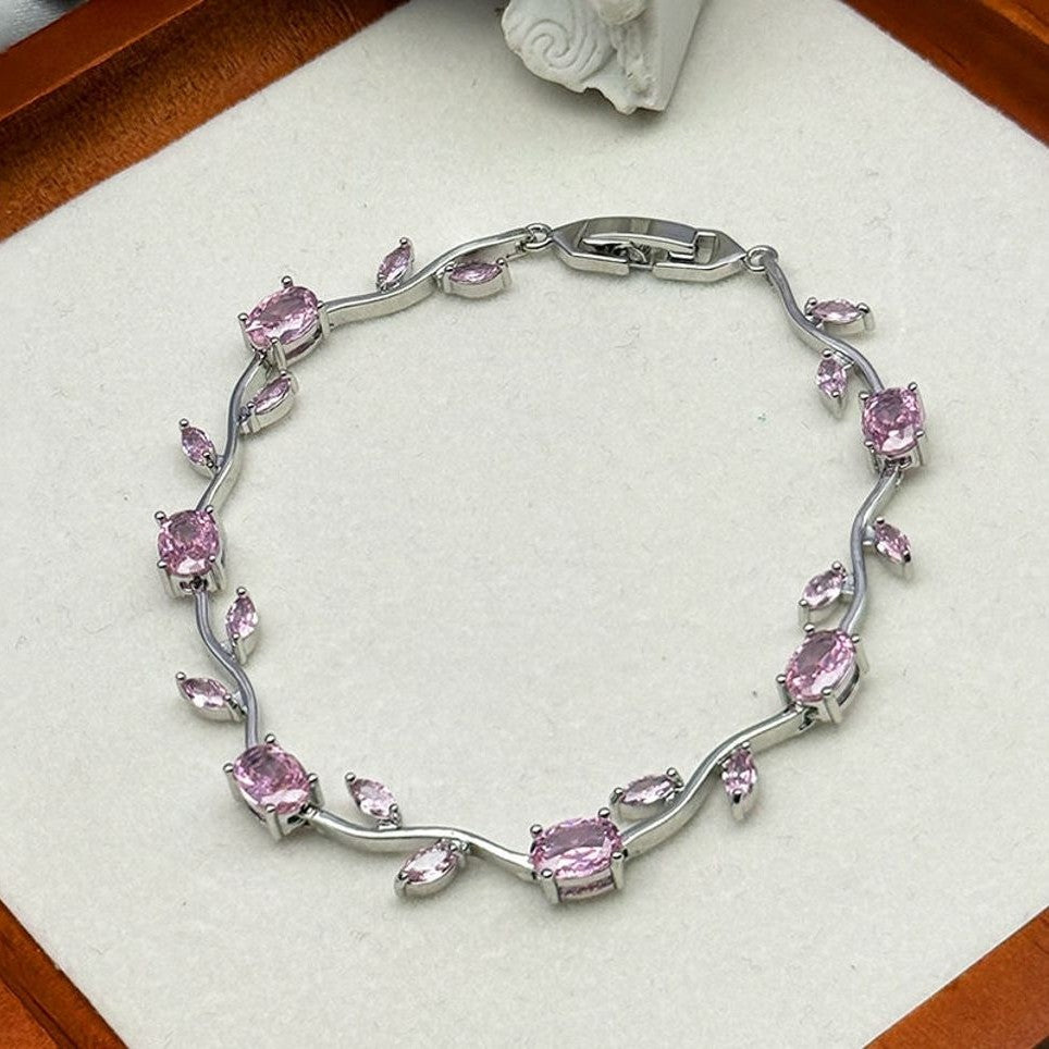Tulip Crystal Vine Bracelet - (Silver-Pink)