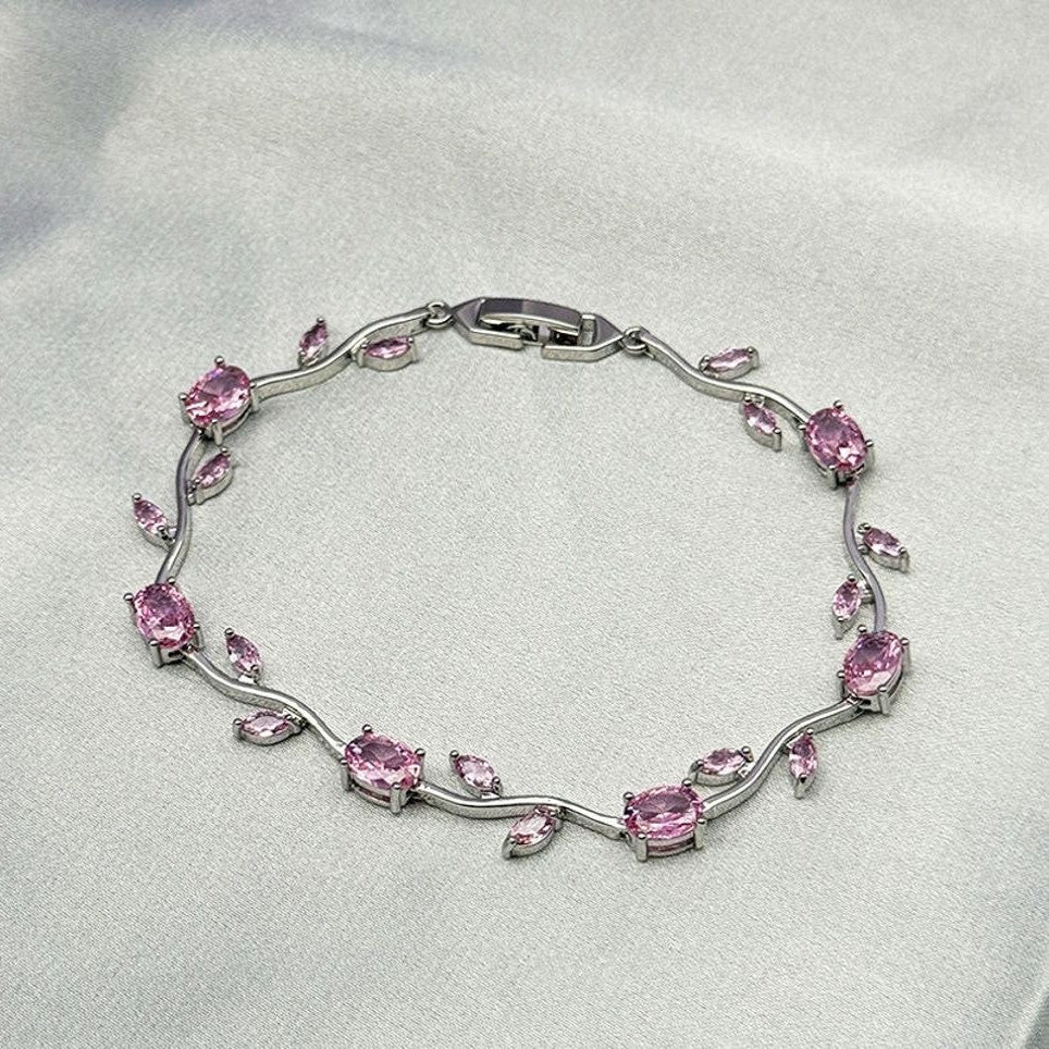 Tulip Crystal Vine Bracelet - (Silver-Pink)