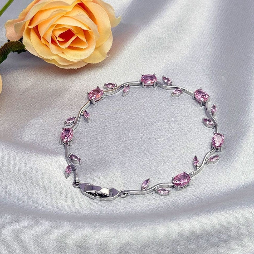 Tulip Crystal Vine Bracelet - (Silver-Pink)