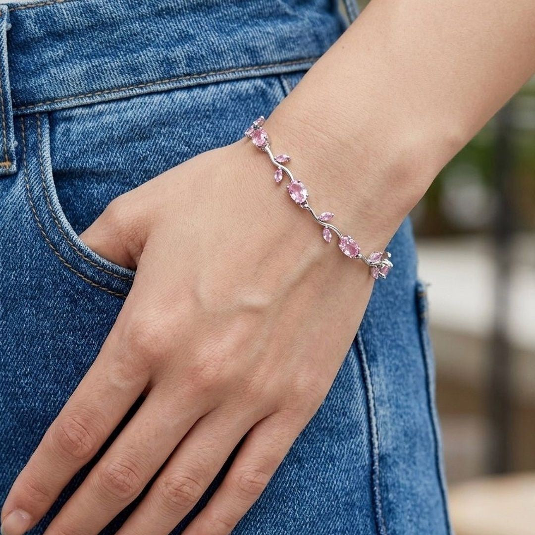Tulip Crystal Vine Bracelet - (Silver-Pink)