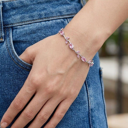 Tulip Crystal Vine Bracelet - (Silver-Pink)